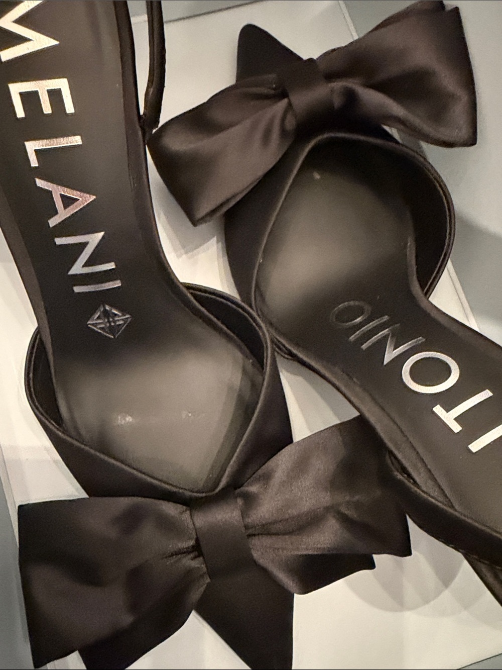ANTONIO MELANI Black Satin Pointed-Toe Slingback Heels with Bow - Picture 12 of 15